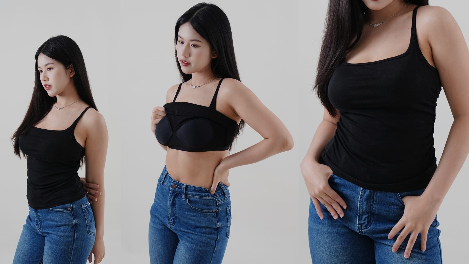 Three different poses of a woman wearing a black tank top and blue jeans against a plain background.