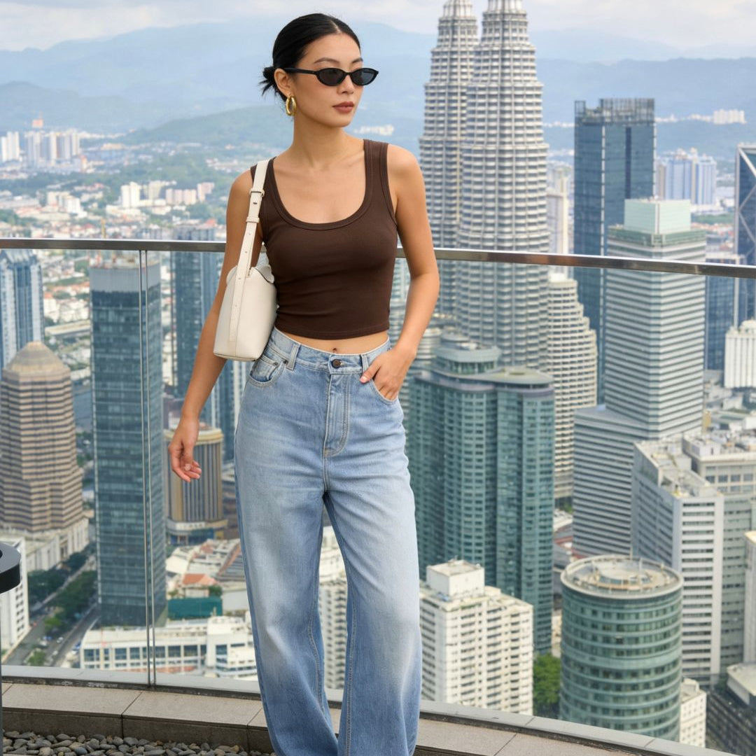 Square Neck Tank Top - Brown