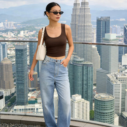 Square Neck Tank Top - Brown