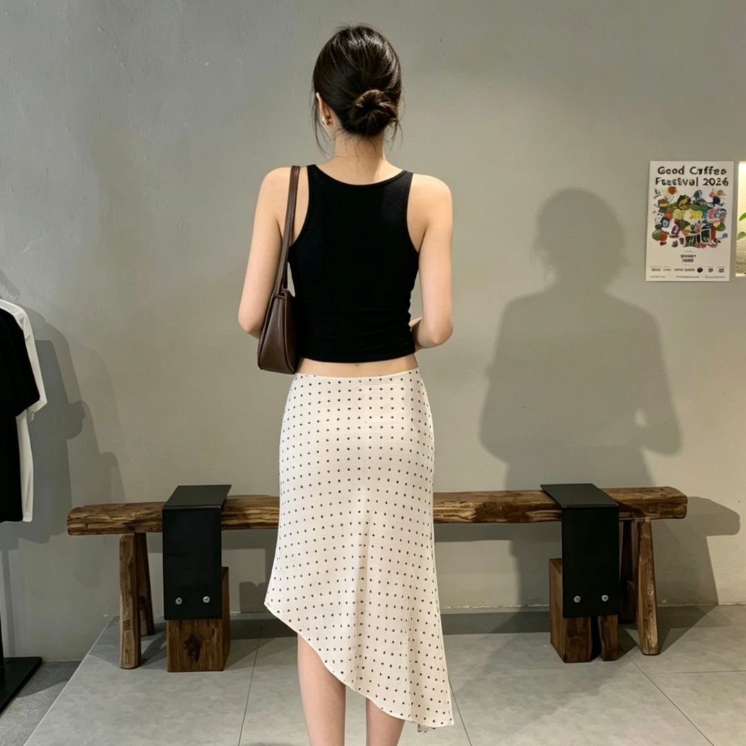 Asymmetrical Cream Polka Dot Skirt